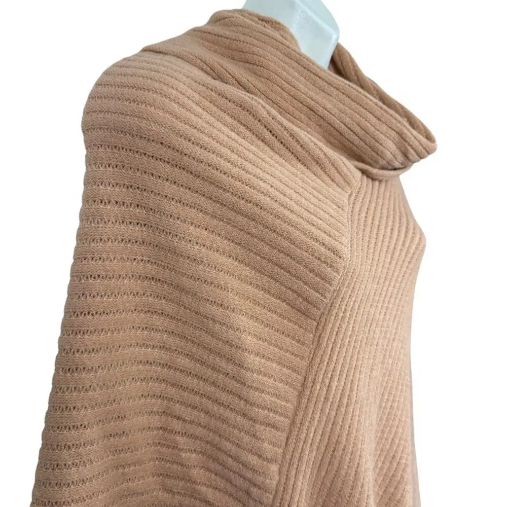 Chicos Ribbed Asymmetrical Fringe Cowl Neck Poncho Pullover Sweater sz O / S